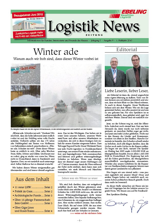 Magazin für Kunden, Interessierte und Freunde von Ebeling Logistik