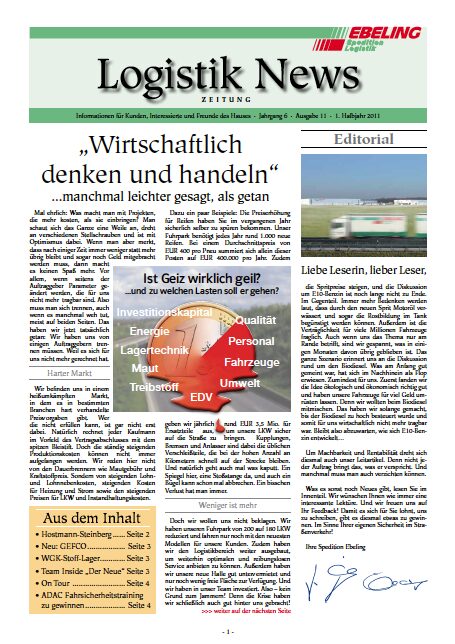 Magazin für Kunden, Interessierte und Freunde von Ebeling Logistik