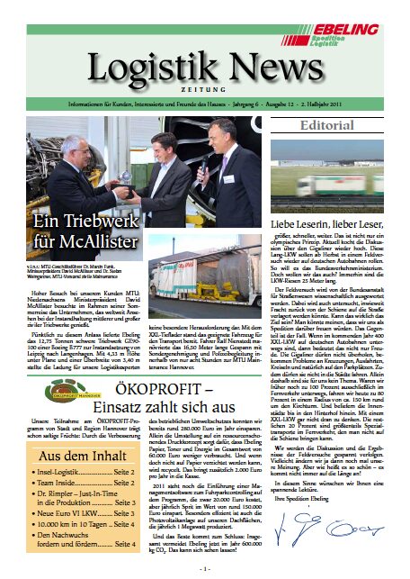 Magazin für Kunden, Interessierte und Freunde von Ebeling Logistik