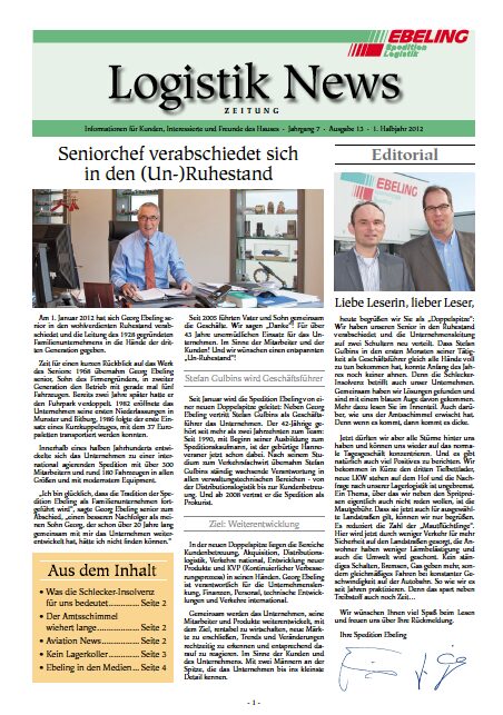 Magazin für Kunden, Interessierte und Freunde von Ebeling Logistik