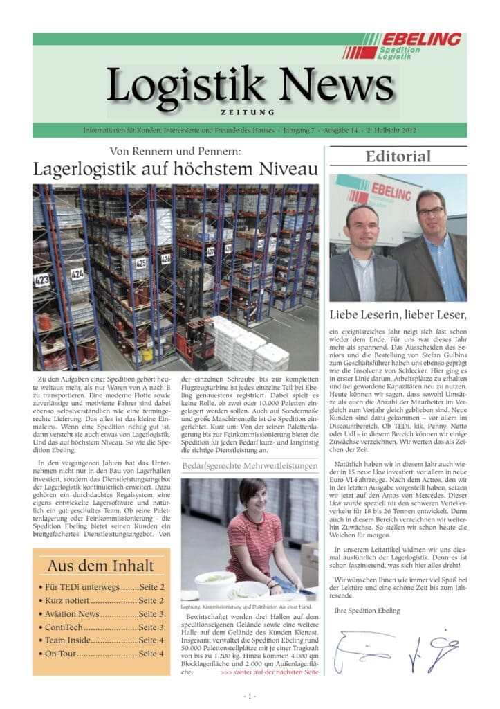 Magazin für Kunden, Interessierte und Freunde von Ebeling Logistik