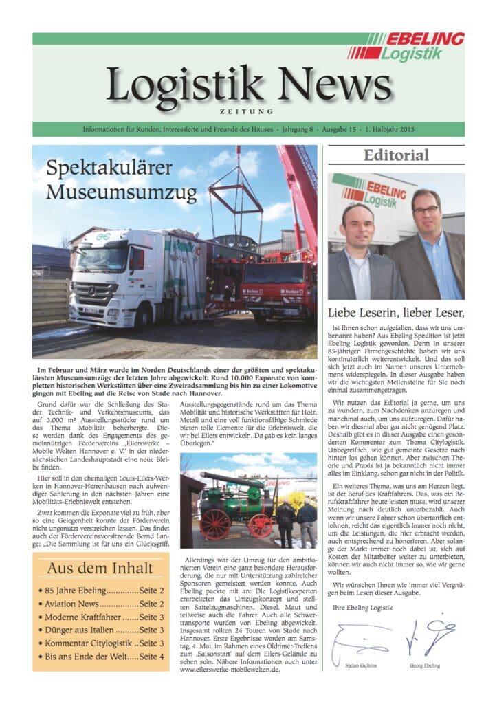 Magazin für Kunden, Interessierte und Freunde von Ebeling Logistik
