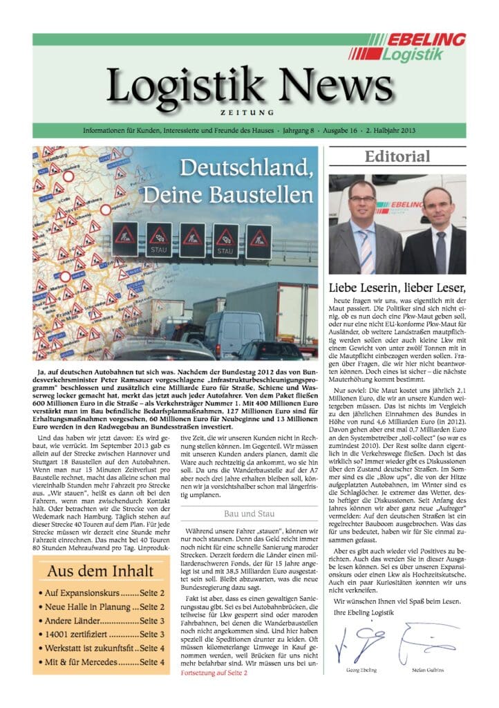 Magazin für Kunden, Interessierte und Freunde von Ebeling Logistik