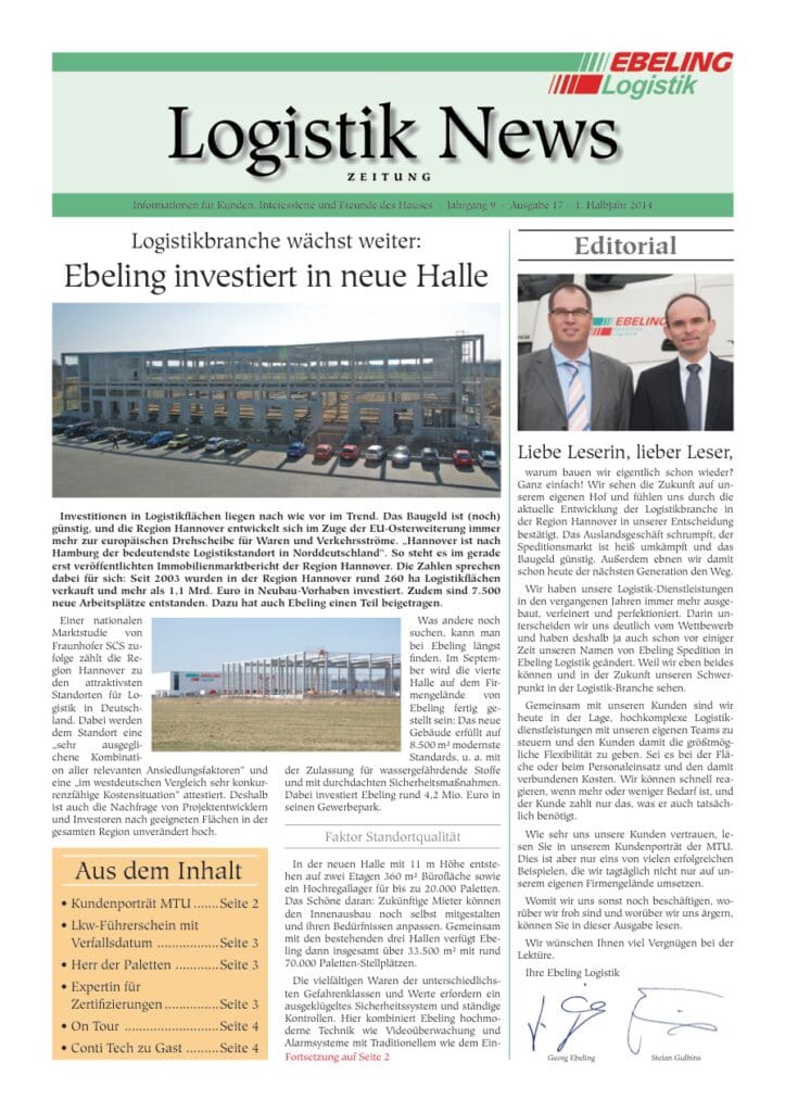 Magazin für Kunden, Interessierte und Freunde von Ebeling Logistik