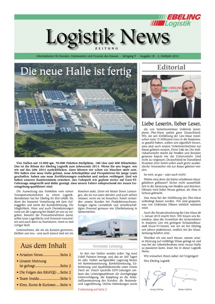 Magazin für Kunden, Interessierte und Freunde von Ebeling Logistik