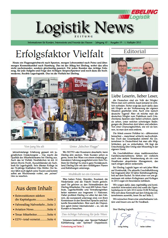 Magazin für Kunden, Interessierte und Freunde von Ebeling Logistik