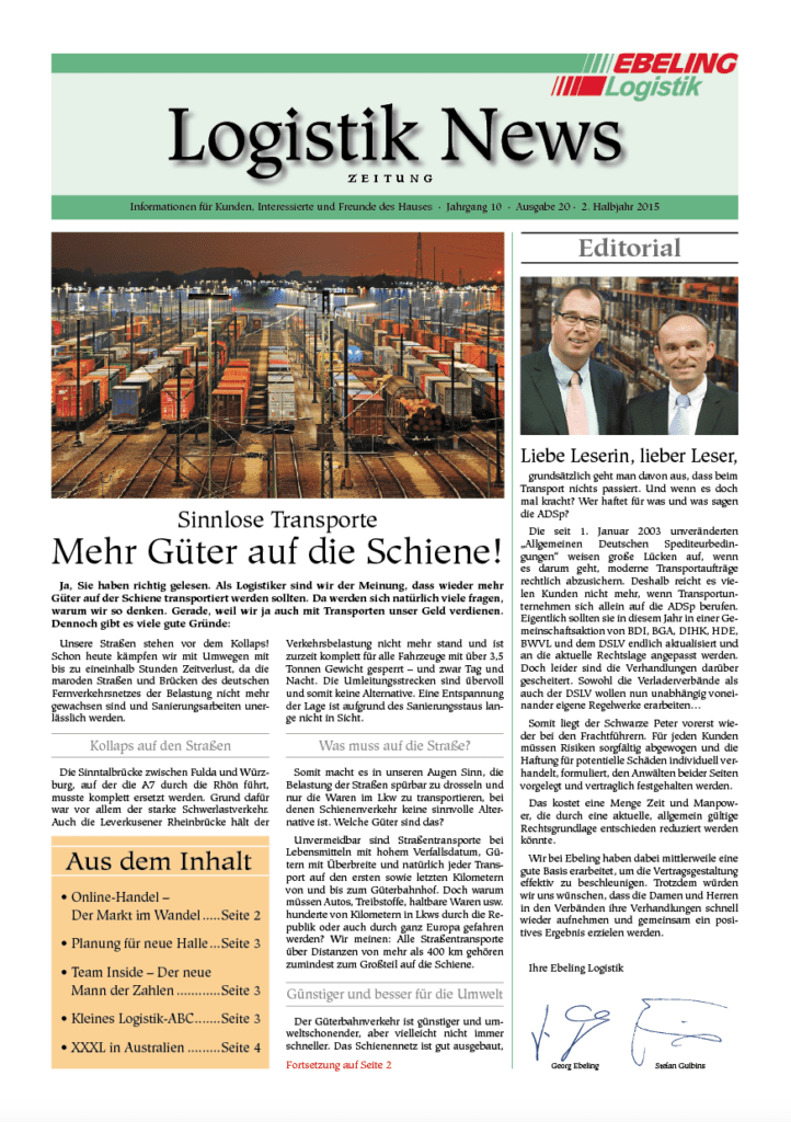 Magazin für Kunden, Interessierte und Freunde von Ebeling Logistik
