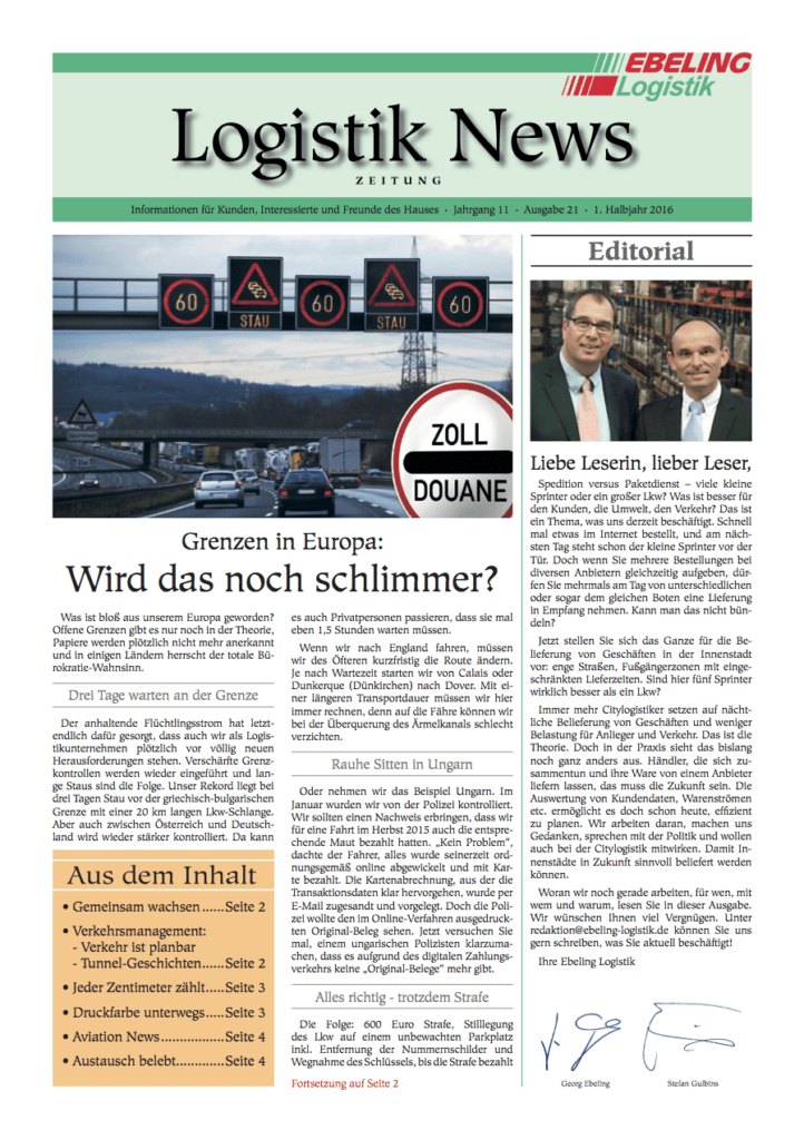 Magazin für Kunden, Interessierte und Freunde von Ebeling Logistik