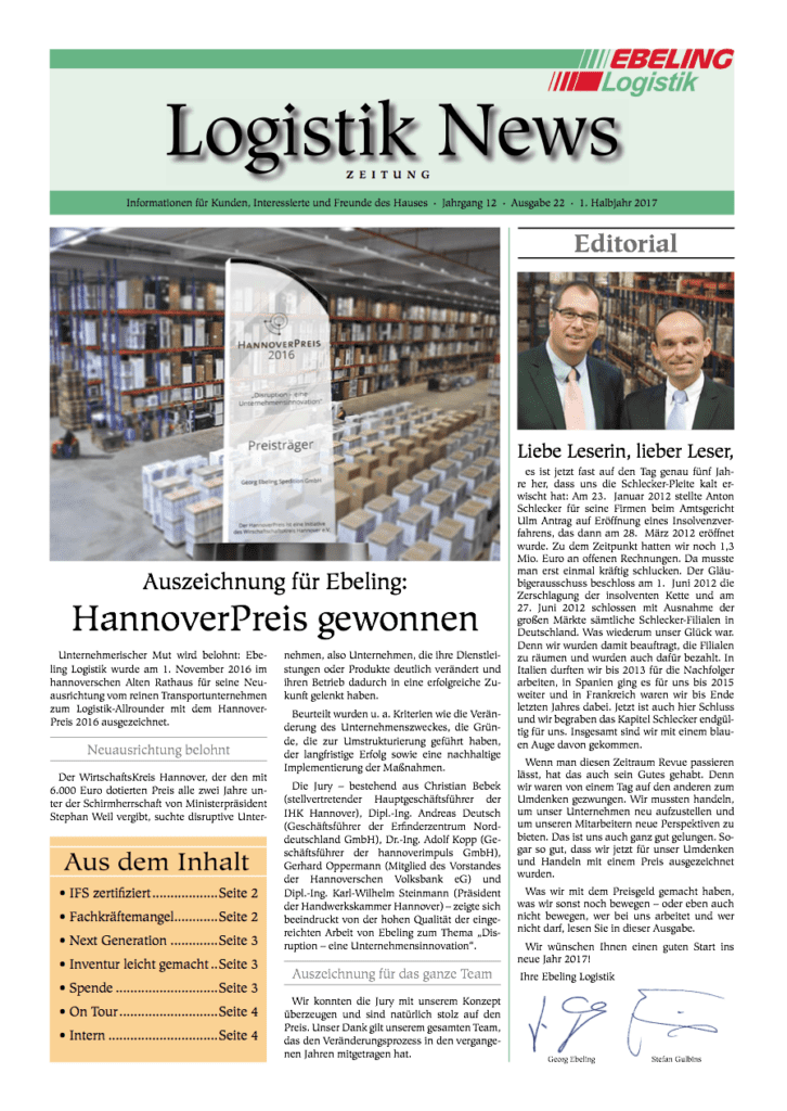 Magazin für Kunden, Interessierte und Freunde von Ebeling Logistik