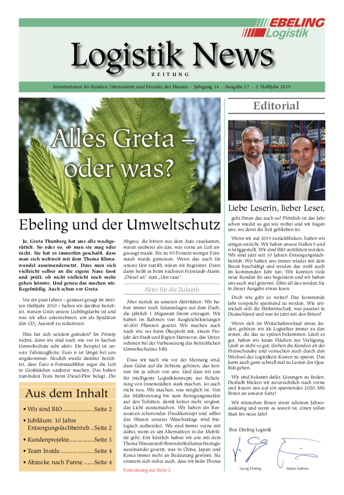 Magazin für Kunden, Interessierte und Freunde von Ebeling Logistik