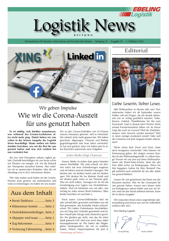 Magazin für Kunden, Interessierte und Freunde von Ebeling Logistik