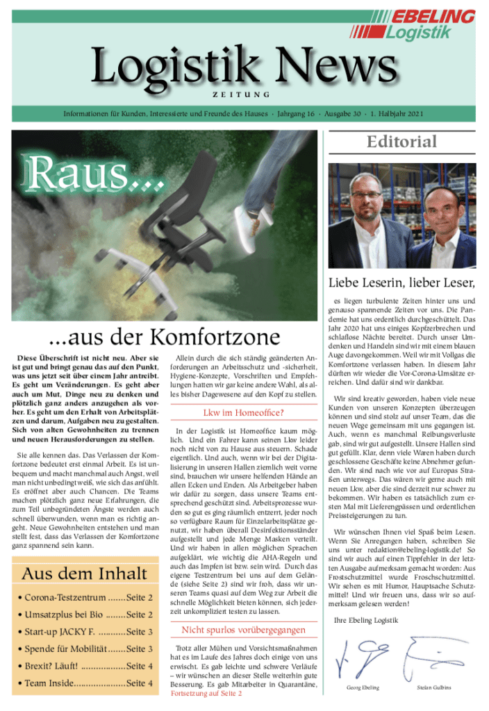 Magazin für Kunden, Interessierte und Freunde von Ebeling Logistik