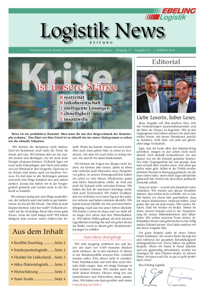 Magazin für Kunden, Interessierte und Freunde von Ebeling Logistik