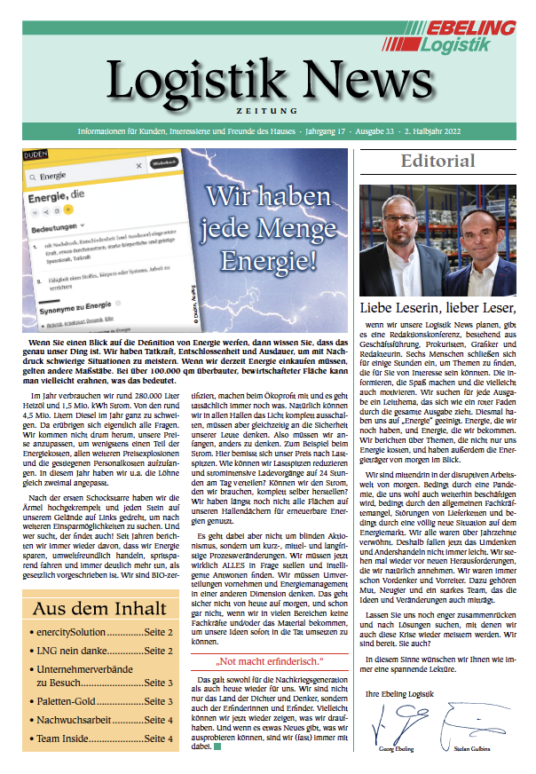 Magazin für Kunden, Interessierte und Freunde von Ebeling Logistik