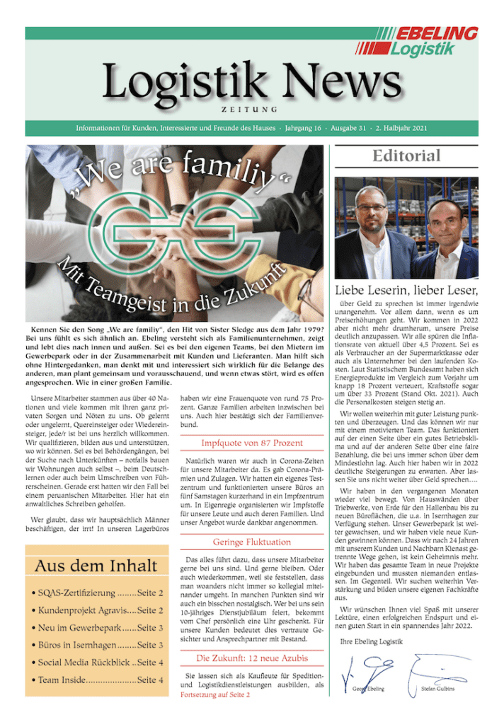 Magazin für Kunden, Interessierte und Freunde von Ebeling Logistik