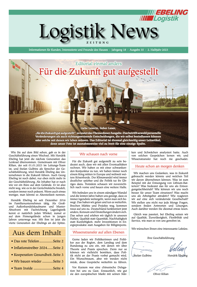 Titelblatt der 35. Ausgabe der "Logistik News", dem Magazin für Kunden, Interessierte und Freunde von Ebeling Logistik
